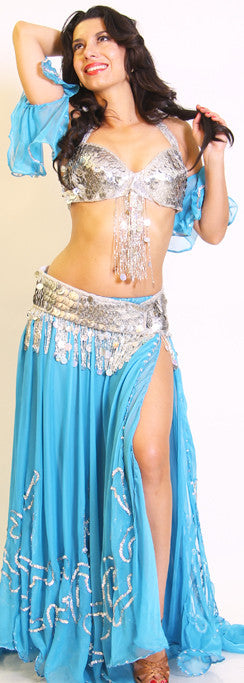 Gold Egyptian Coin & Fringe Bra & Belt Belly Dance Costume - At