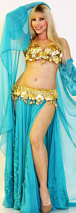 Gold Egyptian Coin & Fringe Bra & Belt Belly Dance Costume - At